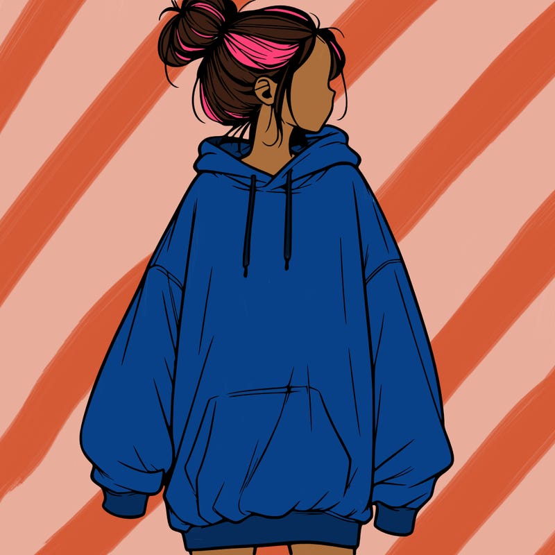 realistic girl with a oversized sweatshirt on and a bun