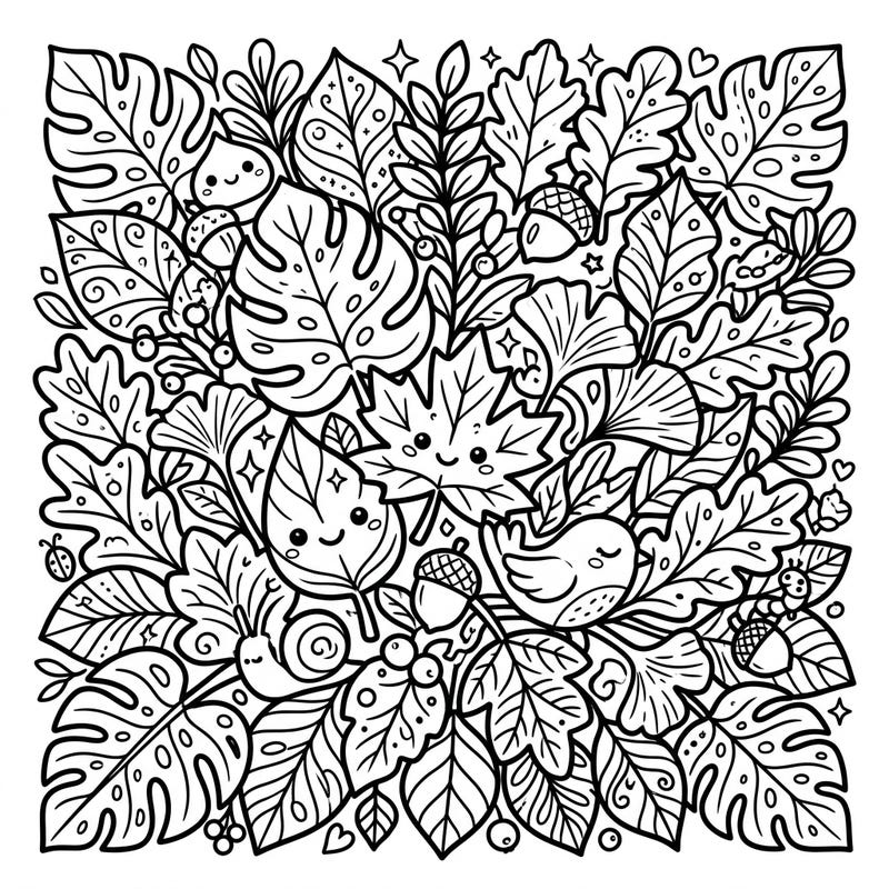 Unleash your creativity with this delightful Kawaii Leaf Patterns coloring page, bursting with adorable foliage and sweet forest friends. Experience the joy of coloring intricate designs in a charming Japanese-inspired style.