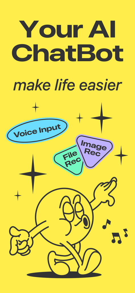 Yuna AI - Chatbot & Assistant - Yuna AI chatbot promotional screen featuring voice input and image recognition on a yellow background with a cartoon character.