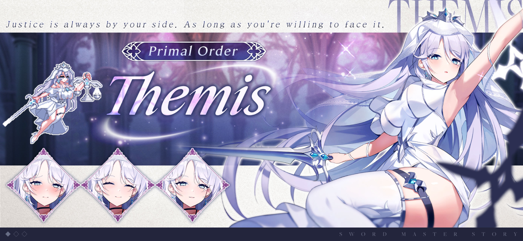 Anime illustration and pixel art of the goddess character Themis from Sword Master Story
