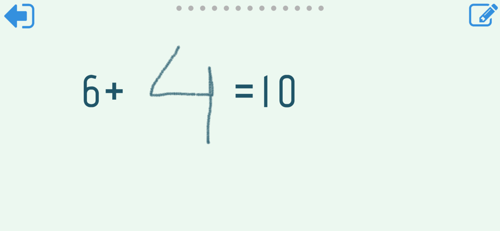 6 더하기 4는 10이라는 손글씨 덧셈 문제를 보여줌