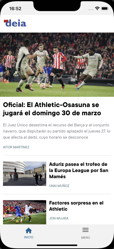 Deia - Pantalla de inicio de la aplicación de noticias Deia mostrando artículos deportivos sobre Bilbao