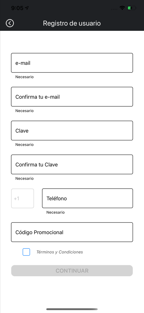 Pantalla de registro de la aplicación móvil Motiños que muestra campos de formulario para correo electrónico, contraseña y número de teléfono
