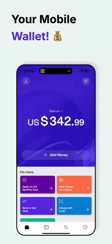 SpotPay app interface showing account balance and quick actions for money transfers and card applications