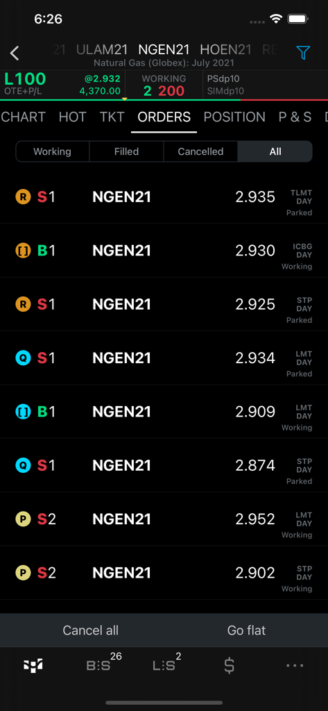 CQG mobile app interface showing a list of professional trading orders for natural gas futures