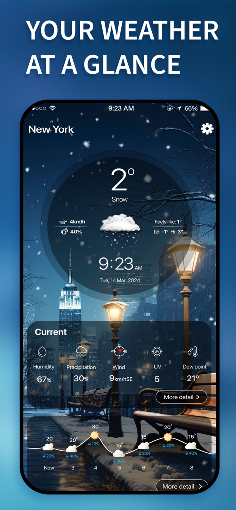 Weather Widget® - Aesthetic weather widget showing snow forecast in New York City