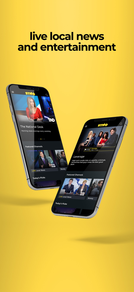 STIRR TV - Two iPhones displaying the STIRR TV app interface with live local news and entertainment channels against a yellow background.