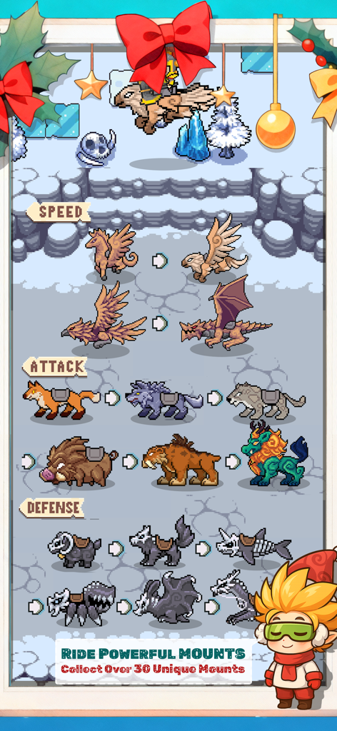 Treasure Hunter - Survival - A collection of pixel art mounts categorized by speed attack and defense in the Treasure Hunter game