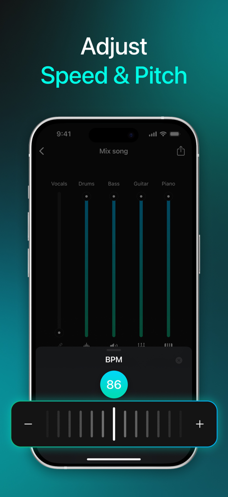 VoxOff app screen showing speed and pitch adjustment tools with a BPM slider and instrument faders for vocals, drums, and bass.