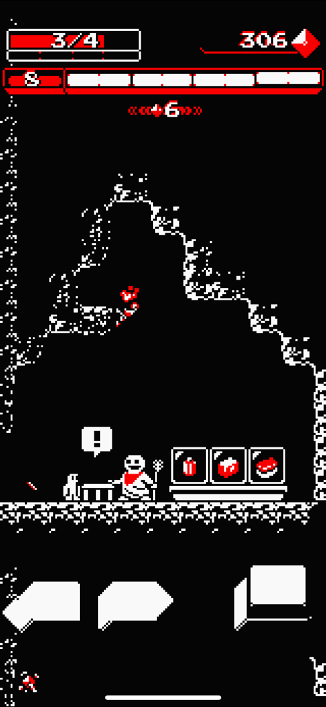 Downwell - A pixel art screenshot of Downwell showing the player character visiting an in-game shop with a merchant and items for sale