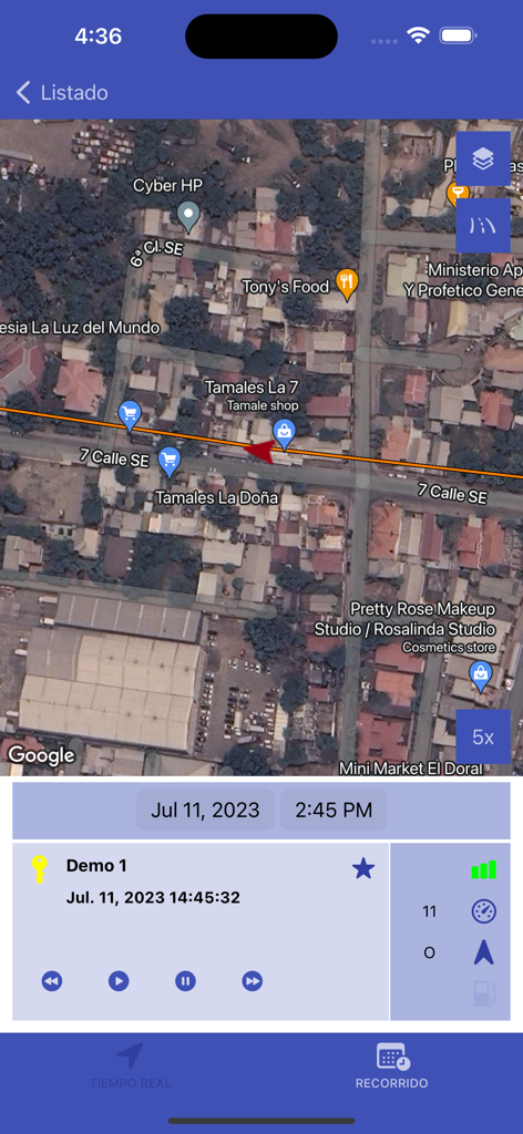 VTracker - Satellite map view in the VTracker app showing the historical movement path of a tracked asset with playback controls
