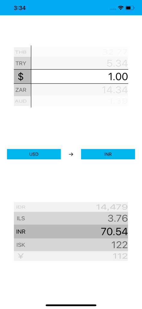 Eine einfache Benutzeroberfläche für den Währungsrechner, die die Umrechnung von 1 USD in 70,54 INR zeigt.