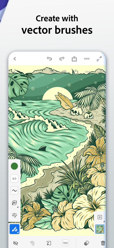 Adobe Fresco App-Oberfläche, die eine tropische Strandillustration zeigt, die mit Vektor-Pinselstrichen erstellt wurde.