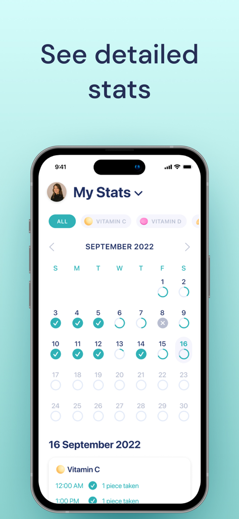 Calendário de adesão a medicamentos e visualização detalhada de estatísticas no aplicativo Pill Reminder