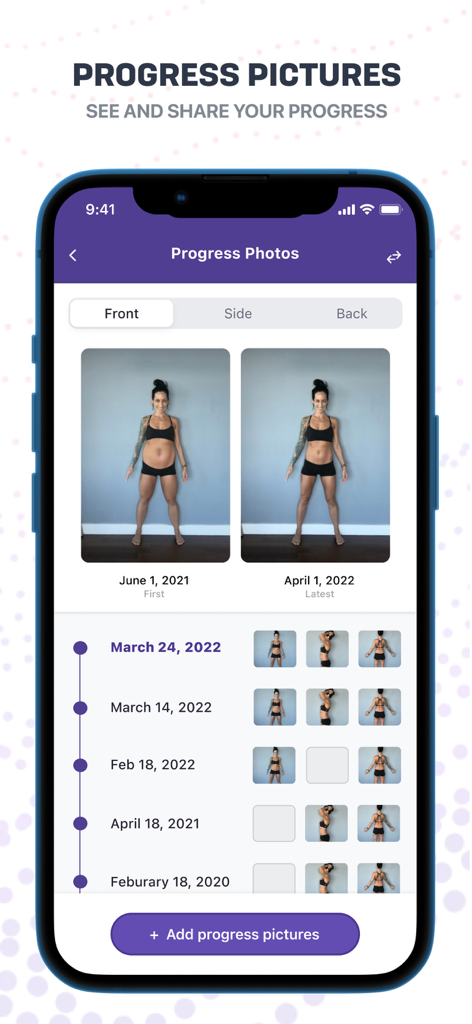 TrueCoach - TrueCoach app interface displaying before and after fitness progress photos with a tracking timeline