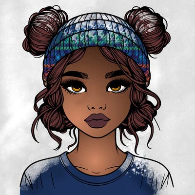 realistic girl with buns in her hair with a beanie on