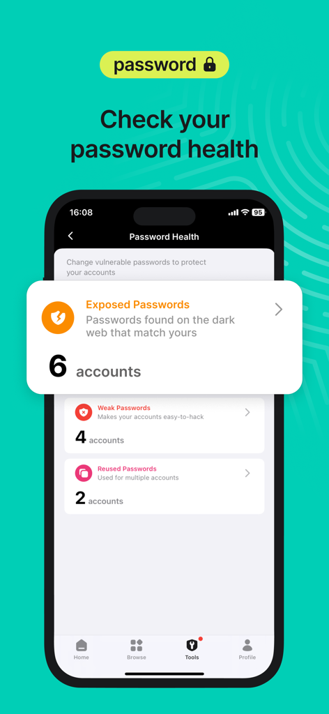 NordPass app interface showing a password health check with details on exposed and weak passwords