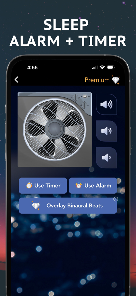 Sleep Fan app interface featuring a mechanical fan sound selector, sleep timer, alarm clock, and premium binaural beats overlay.