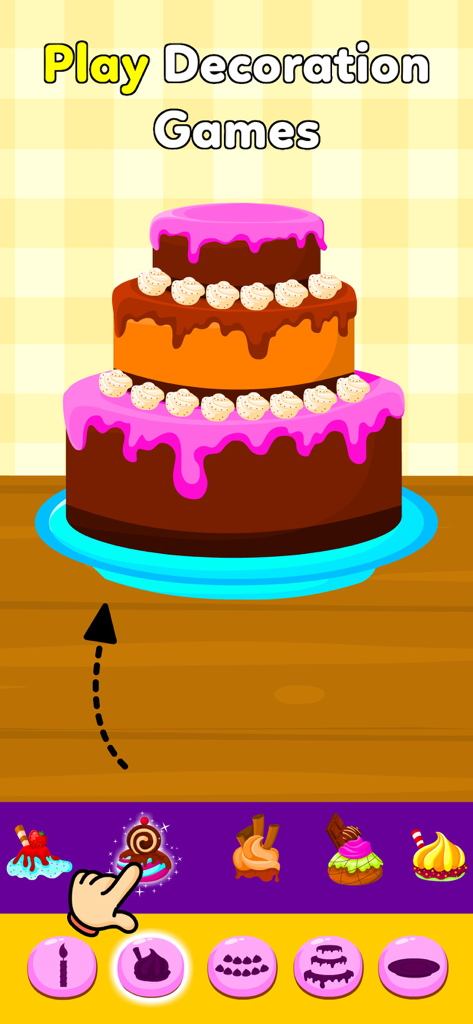 Una torta al cioccolato a più piani con glassa rosa viene decorata in un'app educativa per bambini.