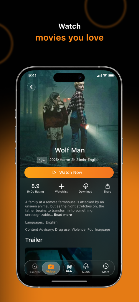 Hungama OTT: Shows & Movies - Hungama OTT app interface showing movie details for Wolf Man with a watch now button
