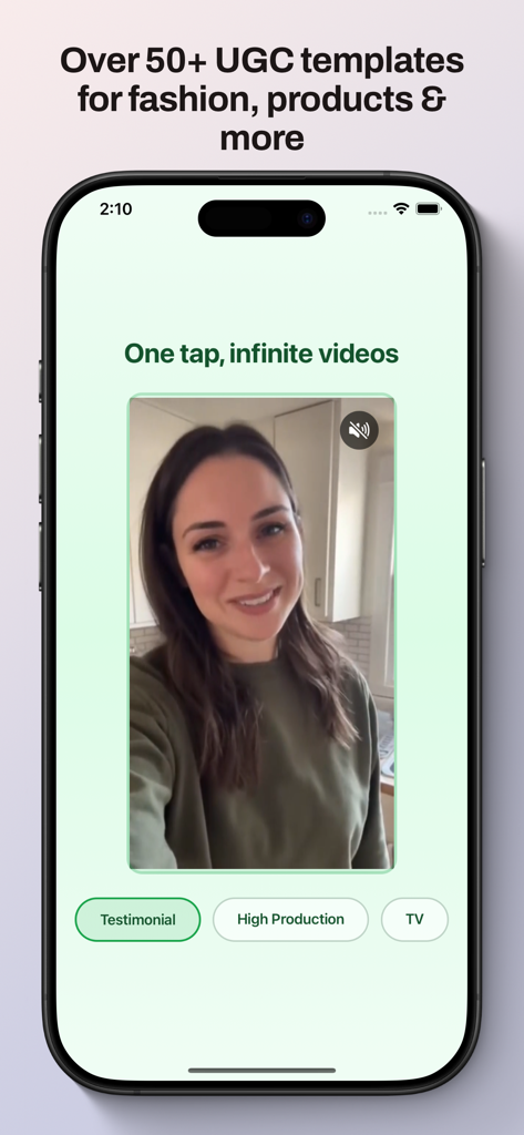 Interfaz de la aplicación móvil Scalio que muestra una plantilla de video de testimonio de contenido generado por usuarios creada por IA