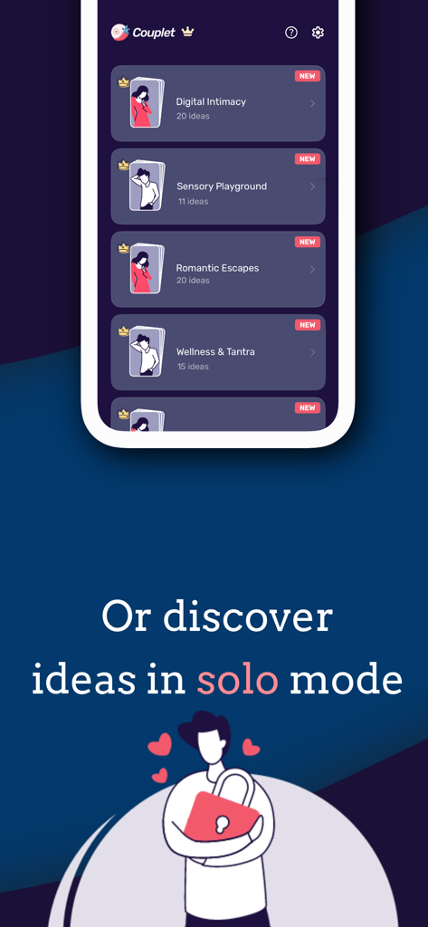 Couplet: Spice Up Relationship - Couplet app interface showing solo mode with intimacy idea decks like Digital Intimacy and Romantic Escapes