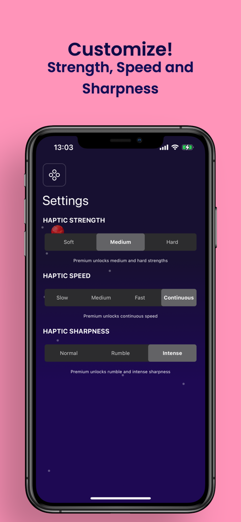 Vibrate+ - Vibrate Plus app settings screen showing customization for haptic strength speed and sharpness