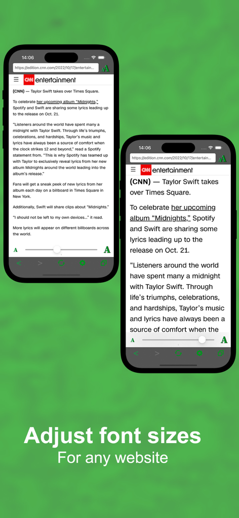 Smart Browser: Healthy Vision - Two iPhones showing how to adjust font size on a website using the Smart Browser app for better readability.