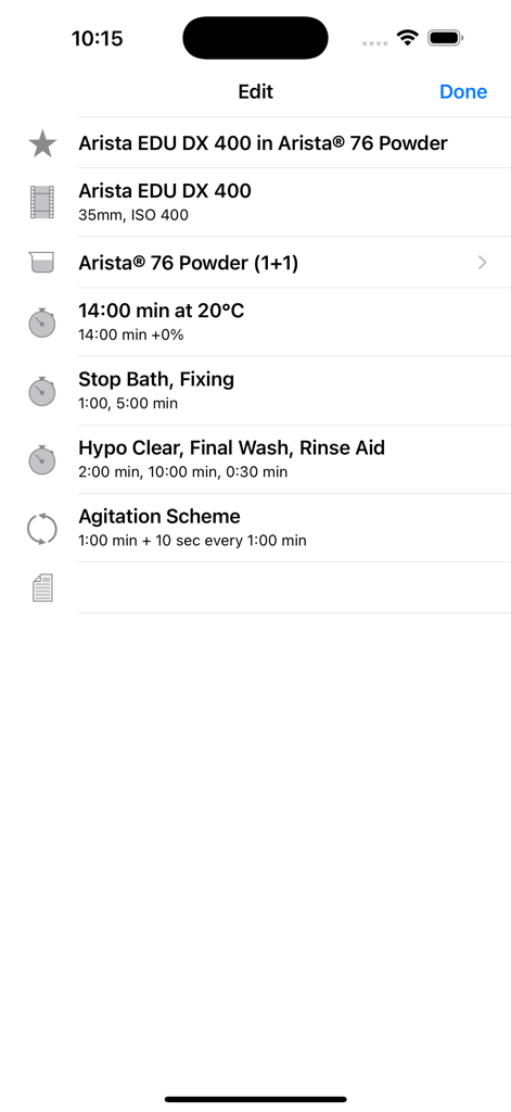 Massive Dev Chart Timer - Massive Dev Chart Timer app interface displaying film development process and agitation settings