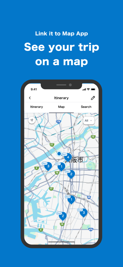 AVA Travel : AI Trip Planner - Pianificatore di viaggi IA AVA Travel che mostra un itinerario con perni numerati su una mappa di Osaka, Giappone