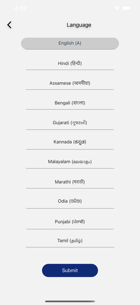 Language selection screen in the SACHET app featuring a list of Indian regional languages including Hindi Bengali and Tamil.