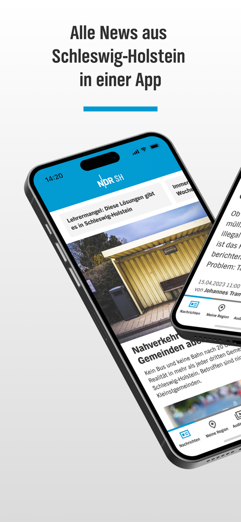 NDR Schleswig-Holstein - Smartphone screen showing the NDR Schleswig-Holstein regional news app interface with headlines and local navigation