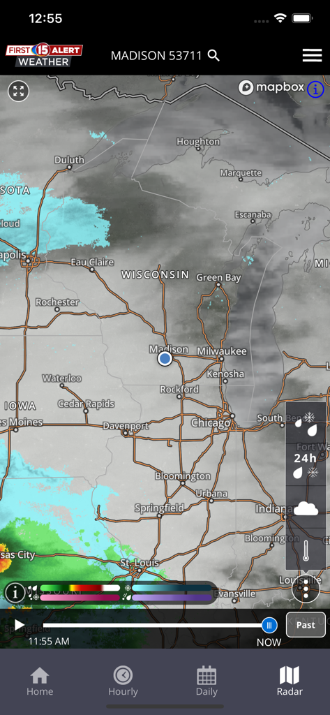 Interactive weather radar map showing Madison Wisconsin and the surrounding Midwest region on the WMTV15 First Alert app.