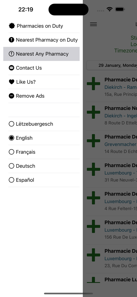 Menu de navigation de l'application Luxembourg Pharmacies montrant les options de recherche de pharmacie et la sélection de la langue, y compris l'anglais et l'espagnol