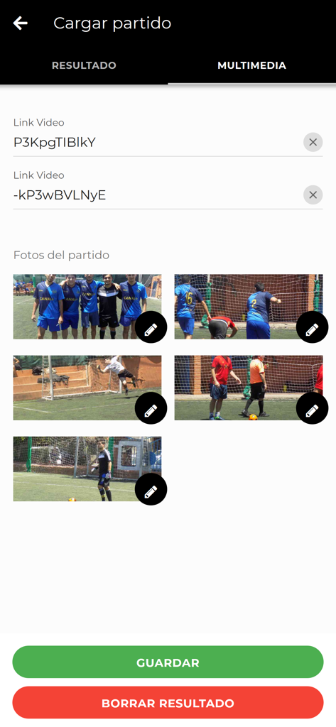Interface de l'application Todo Torneos pour téléverser des photos de matchs de soccer et des liens vidéo pour la gestion de la ligue