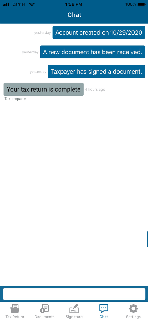 Screenshot of the TaxesToGo app chat screen showing status updates and messages from a tax preparer.