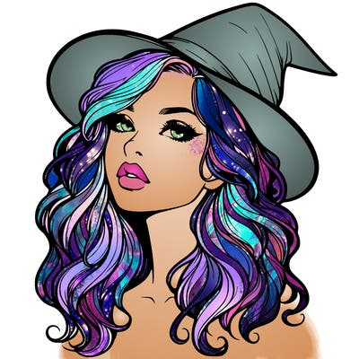 realistic witch girl with wavy hair and lips