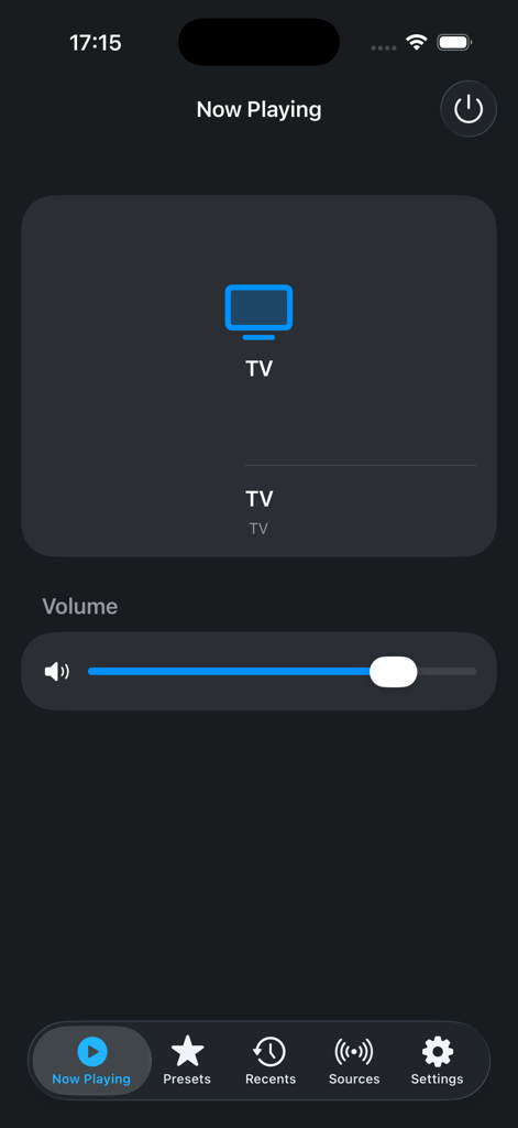 Remote for SoundTouch - Pantalla de reproducción en curso de la aplicación de control SoundTouch que muestra la fuente de TV y el control deslizante de volumen.