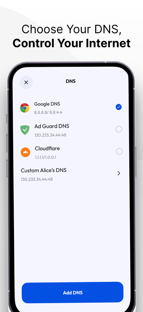 DNS provider selection screen in the VPN 111 application