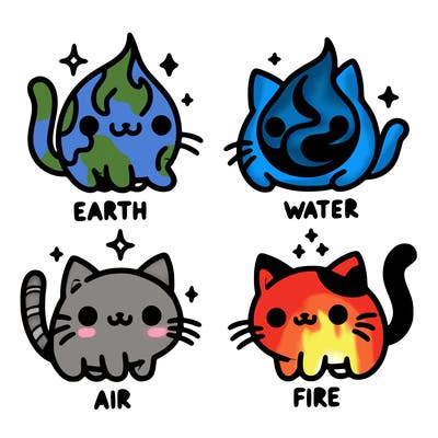 4 cats that represent the different elements, earth, water, air, and fire