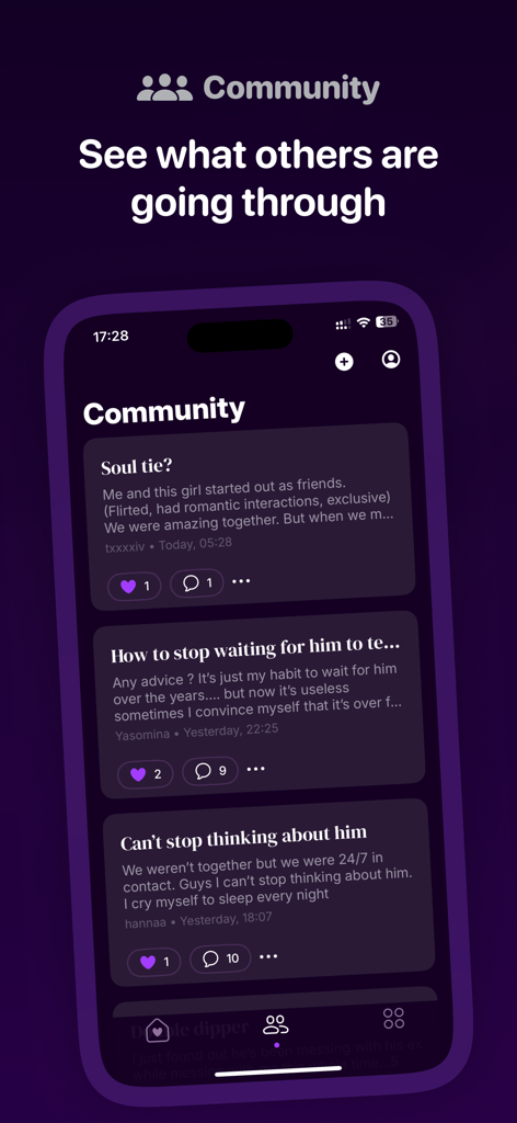 A mobile screen showing the community forum of the No Contact Tracker app with posts from users seeking support after a breakup
