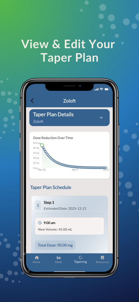 TaperMate - TaperMate app screen displaying a Zoloft dose reduction graph and a detailed daily tapering schedule