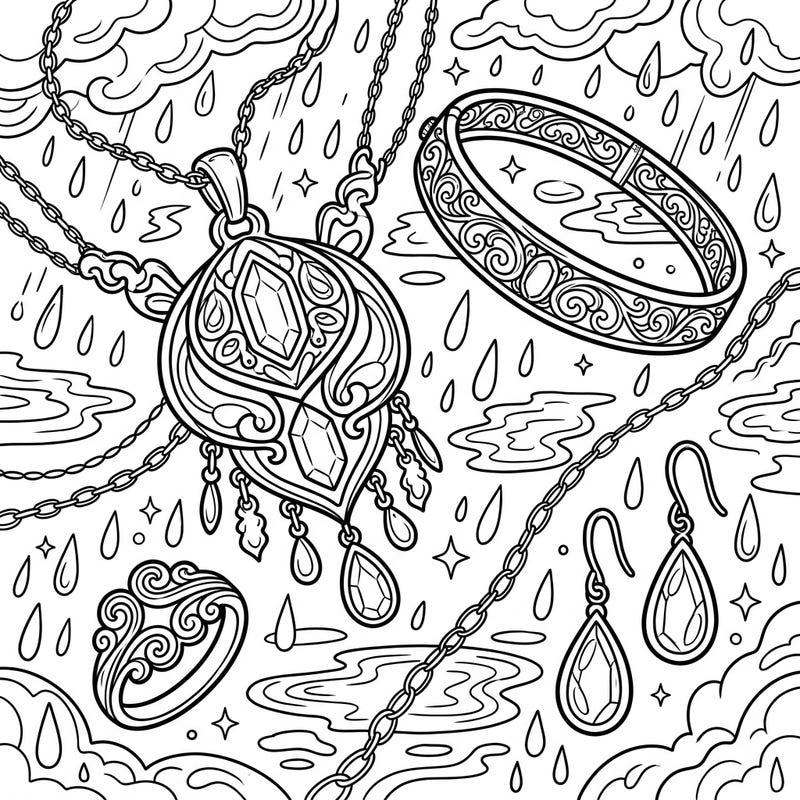 Discover the dazzling beauty of gold jewelry set against a charming rainy day backdrop in this unique coloring page. Perfect for those who love intricate designs and a touch of elegance.
