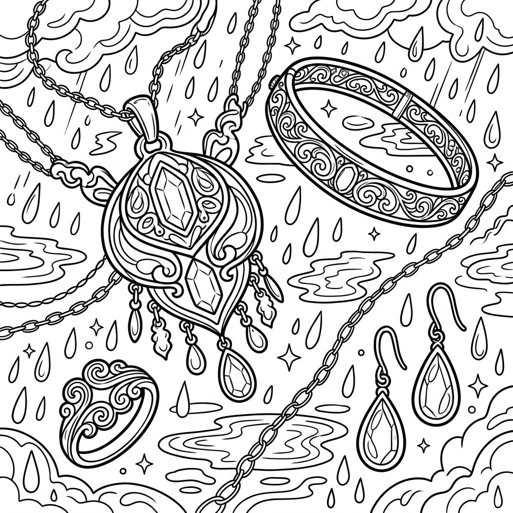 Gold Jewelry on a Rainy Day: Elegant Coloring Page Fun