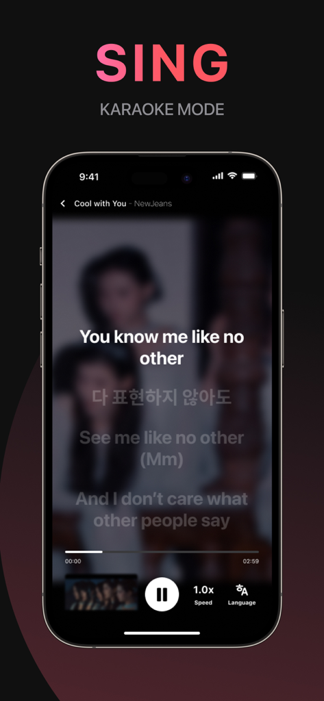 Kpop Pro: Karaoke & Dance - A mobile interface of Kpop Pro app in karaoke mode displaying English and Korean lyrics for a NewJeans song.