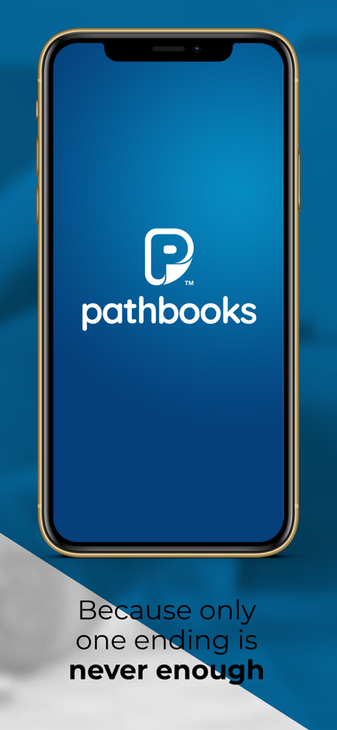 Pathbooks Stories & Audiobooks - Schermata di avvio dell'app Pathbooks su uno smartphone che mostra il logo e lo slogan Perché un solo finale non è mai abbastanza