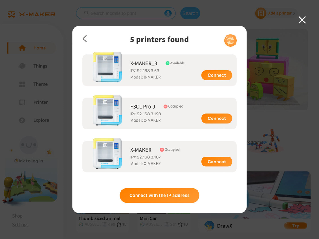 XMAKER HD - Interface showing a list of available 3D printers to connect in the XMAKER HD app