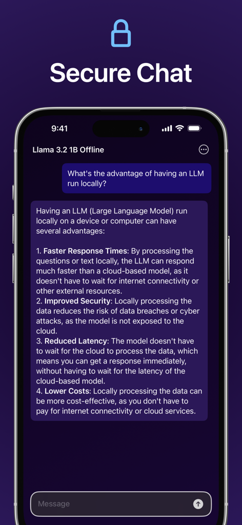 Llama 1B AI Chat - Offline LLM - Smartphone screen showing Llama 1B offline AI chat interface highlighting security and speed benefits