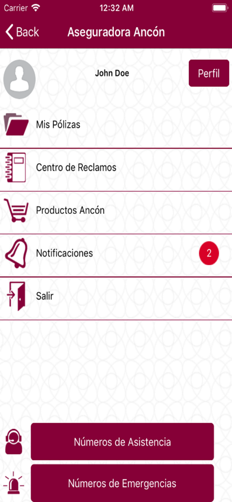 Main menu screen of the Ancon Clientes insurance app showing user profile and policy options
