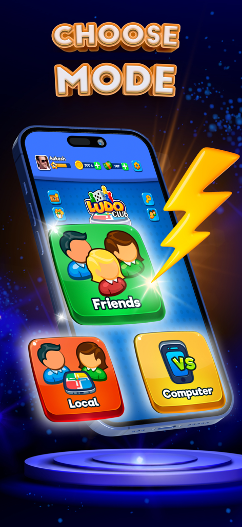 Ludo Club app screen showing game mode options for playing with friends, local, or against a computer